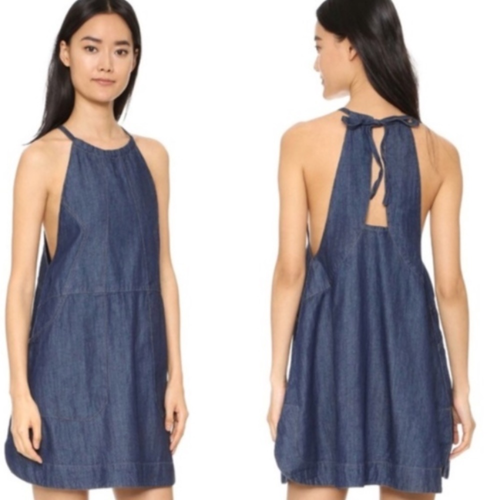 Free People Blue Jean Babydoll Halter Neck Mini Dress M